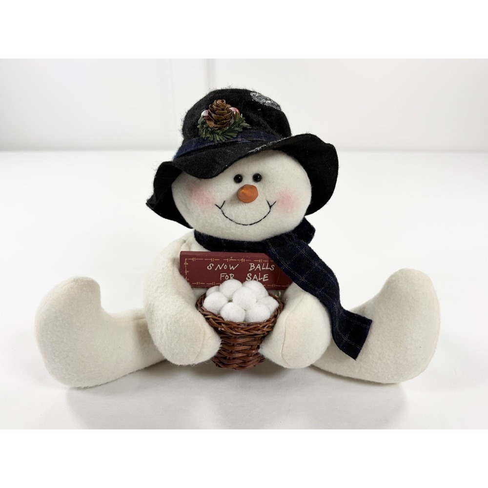 Vintage 1998 Crazy Mountain Plush Snowman Basket Snowballs Shelf Sitter Country